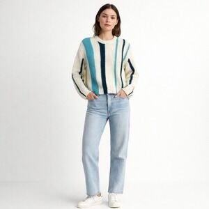 Stitches + Stripes Womens Small Striped Cotton Blend Cropped Knit Sweater